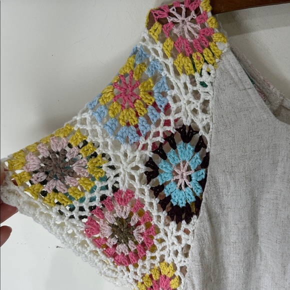UMGEE Frayed Hem Linen Blend Colorful Crochet Sleeve Boho Tunic Top Size Small - Picture 7 of 14